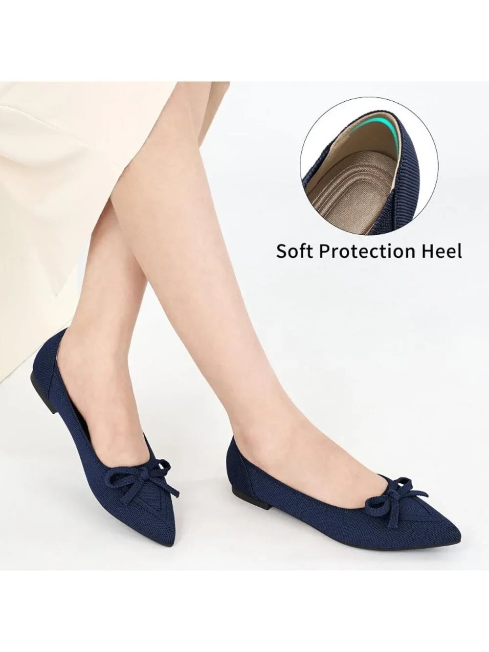 Women's Blue Ballet Flats Shoes Dressy Pointed Toe Bow Knit Flats Comfortable